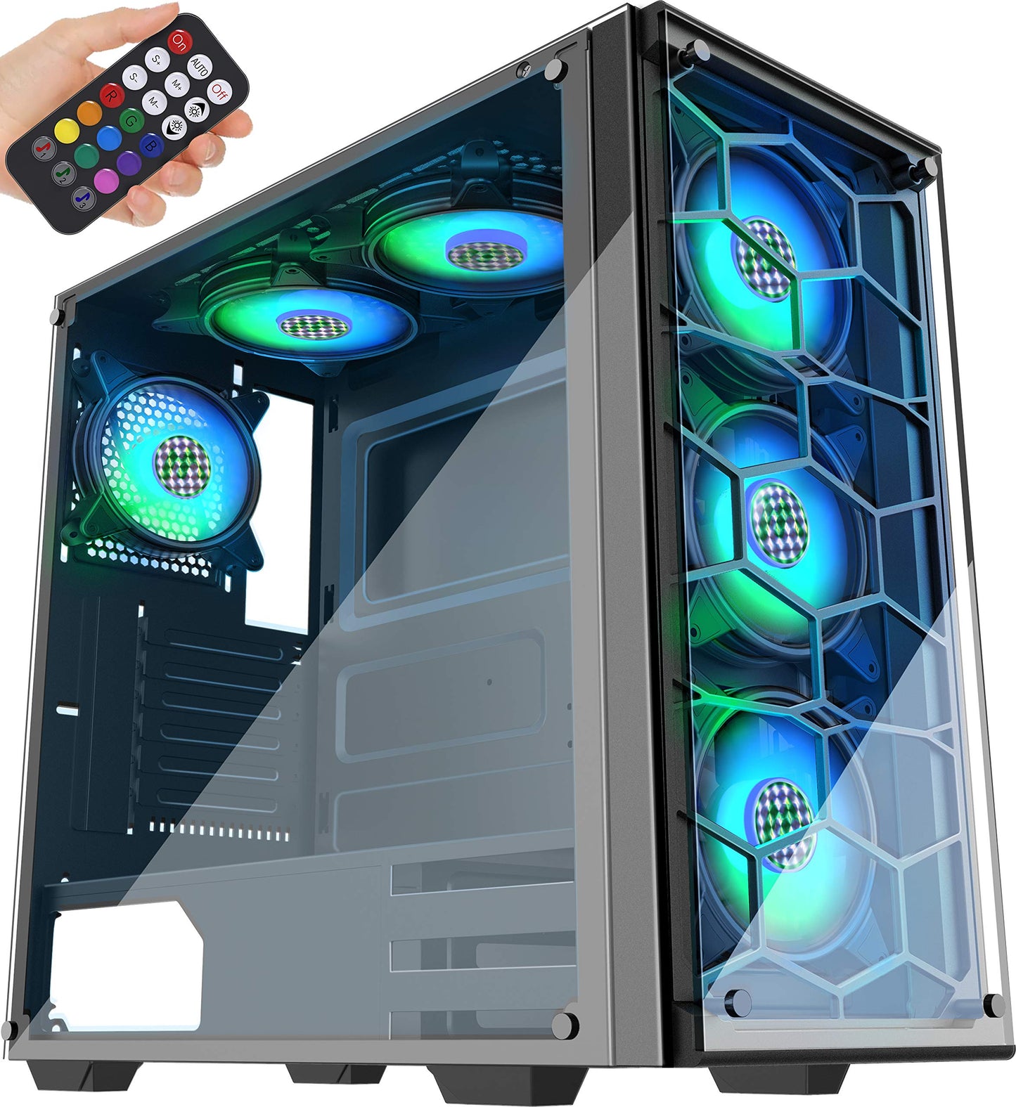 MUSETEX ATX Mid Tower with 6 PCS × 120mm LED ARGB Fans Pre-Installed USB 3.0 Port Tempered Glass Panel Gaming PC Case Computer Chassis (907)