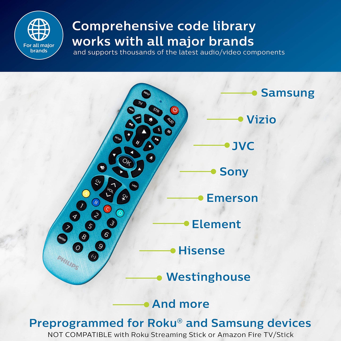 Philips Universal Remote Control Replacement for Samsung, Vizio, LG, Sony, Sharp, Roku, Apple TV, RCA, Panasonic, Smart TVs, Streaming Players