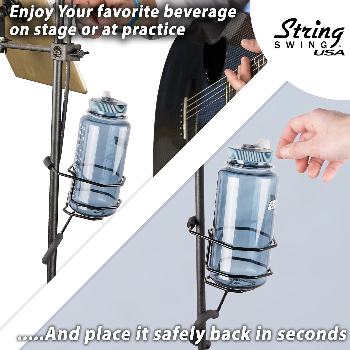 Mic Stand Large Drink Holder - Microphone & Cymbal Pole Mount for Nalgene Water Bottle Mason Jar Atlas Coffee Thermos Contigo Travel Mug - Black Heavy
