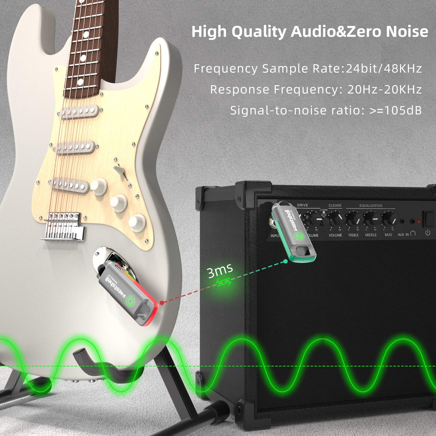 Wireless Guitar Transmitter Receiver, 1 Key to Switch Wireless Guitar System, Supports 10-channel Transmission and Perfectly Compatible with Guitar