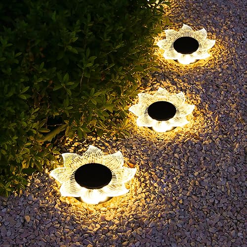 Roaming Light Solar Flower Shaped In-Ground Lights, 3 Pack Waterproof LED Petal Pathway Lights, Outdoor Acrylic Landscape Lights for Garden Yard