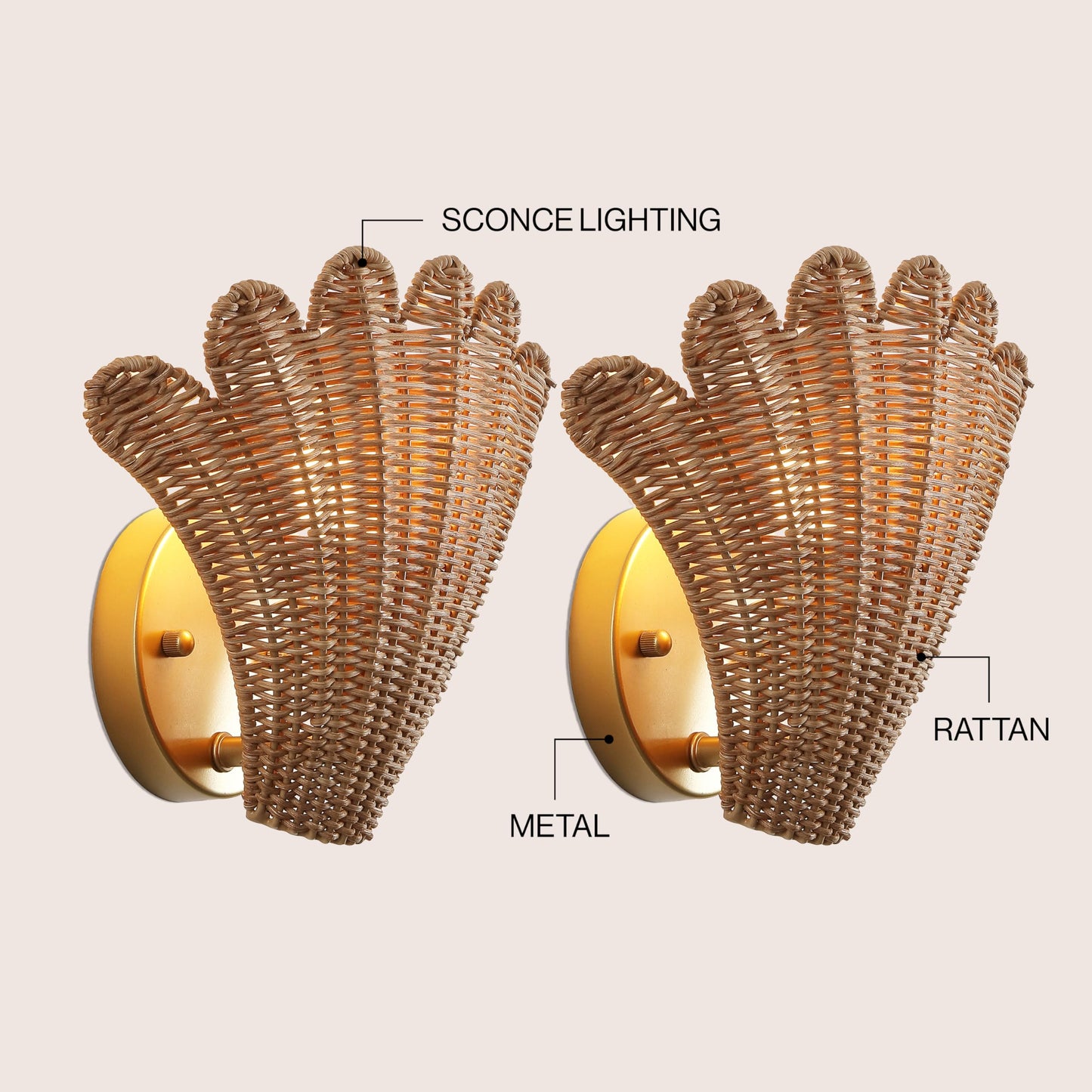 JONATHAN Y 11.5" Gold and Brown 1-Light Rattan Wall Sconce Set of 2, Vintage Coastal Scallop Shell Sconce for Bedroom Hallway, Hardwired, LED Bulbs
