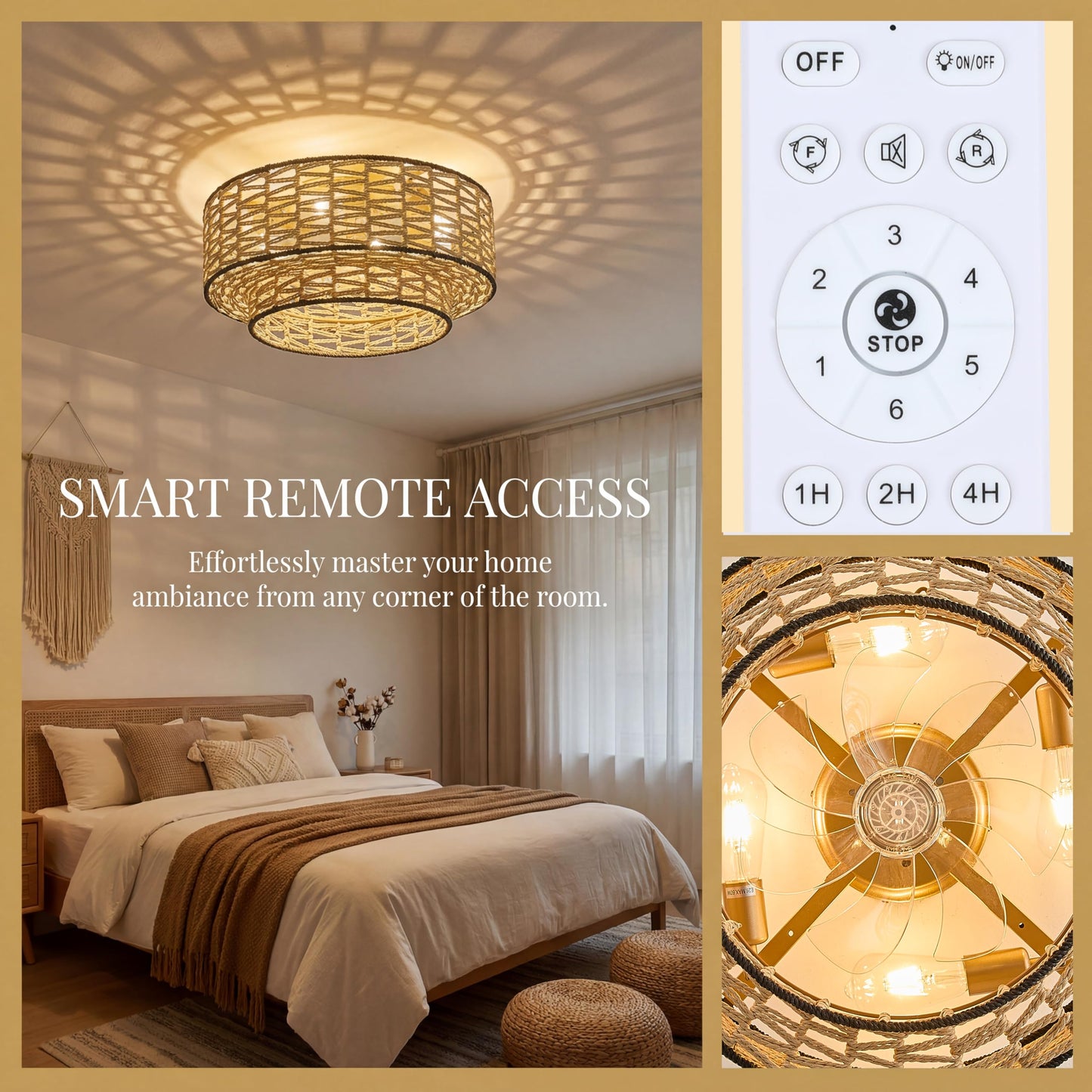 Bewishing 20" Boho Ceiling Fan Light with Remote Control, Double Layer Hand Woven Toast-Colored Rattan with Black Trim Flush Mount Fan Light