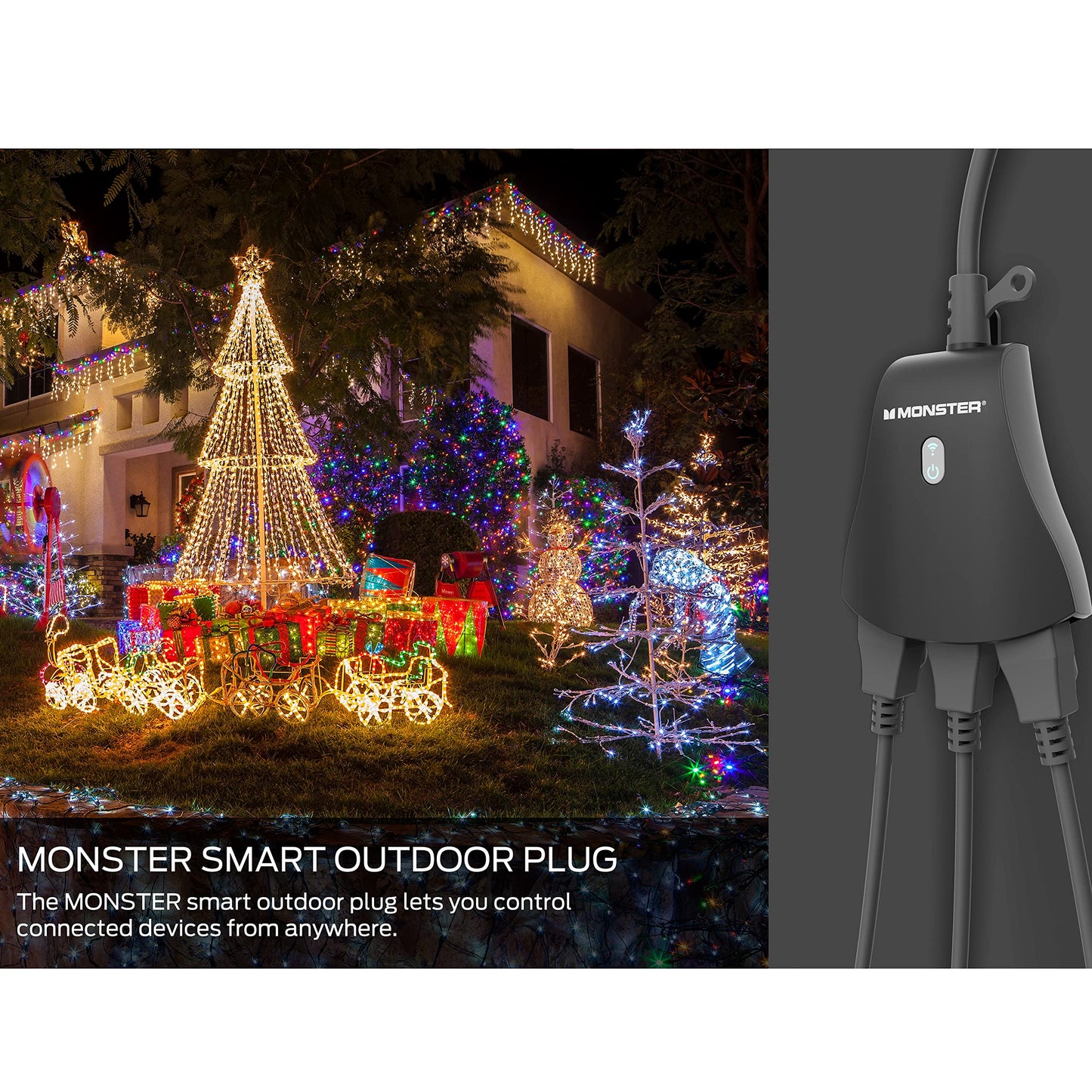 Monster Outdoor Smart Outlet Plug, 3-Outlet, Voice Control Compatible with Alexa and Google Assistant, Scheduling, Timer Control, Automation, Quick