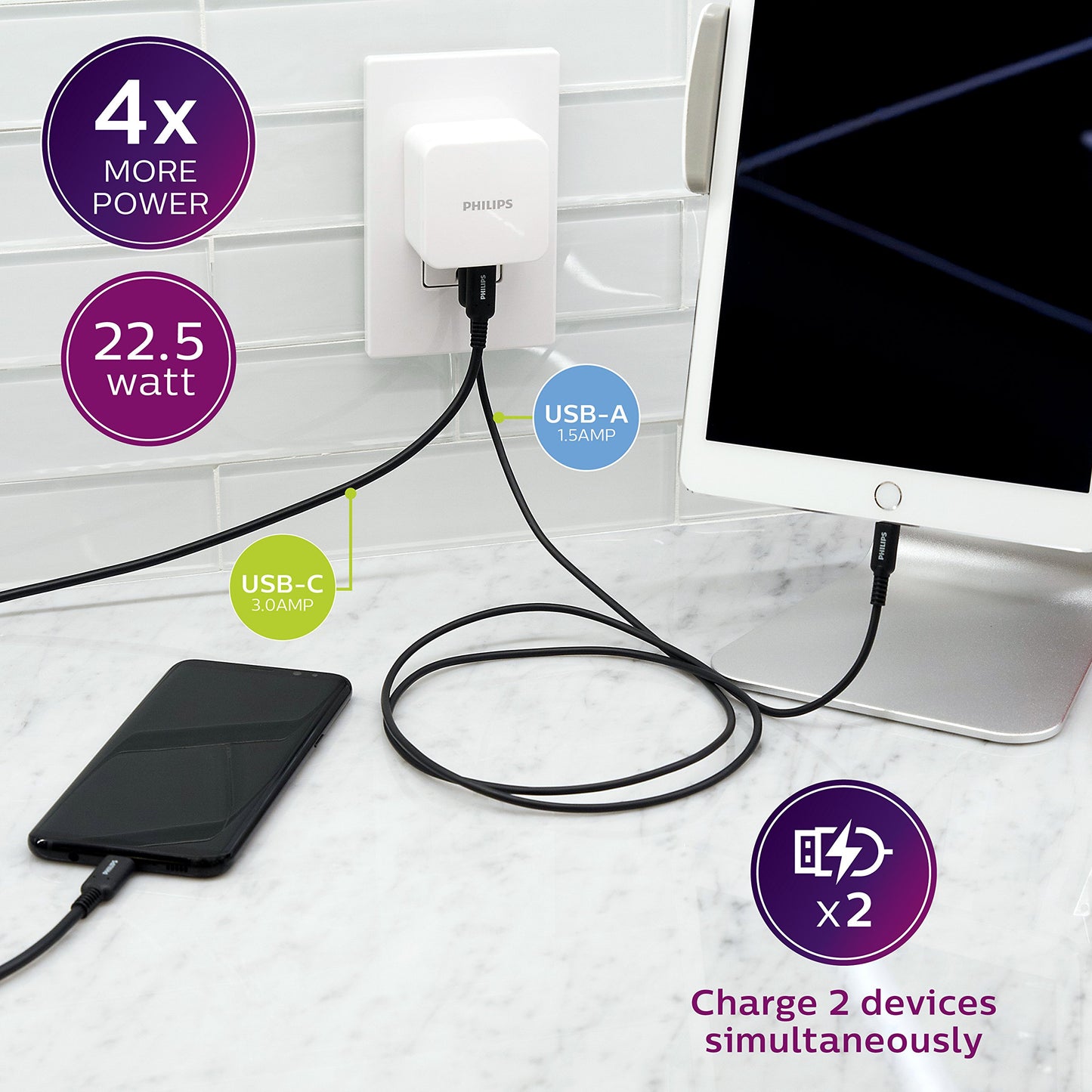 Philips iPhone USB Wall Charger Block, 22.5W Charging Block with USB C and USB A for iPhone 16, 15, 14 Series, iPad, Power Adapter Cube, Foldable Plug