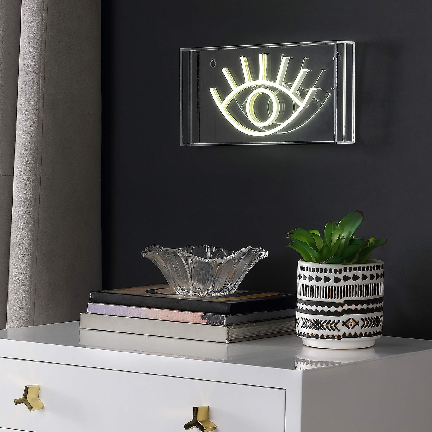JONATHAN Y 11.8" x 5.9" Yellow Eye Contemporary Glam LED Neon Light, USB Operated Acrylic Box Sign for Desktop or Wall Hanging, Modern Boho Decor
