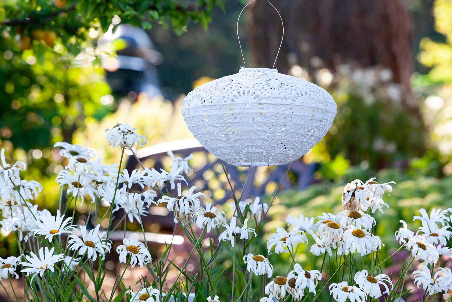 Allsop Soji Stella Crown Chantilly Lace Solar Lantern, 13" LED Outdoor Light, Handmade with Weather-Resistant UV Treated Fabric, Stainless Steel