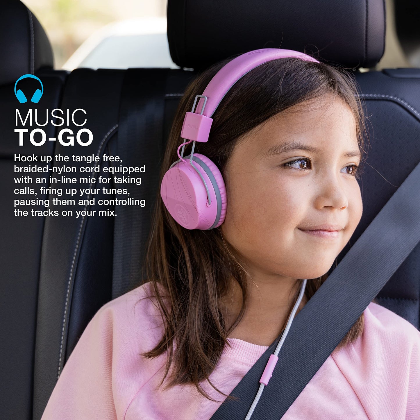 JLab JBuddies Studio on-Ear Kids Wired Headphones with mic, Volume Limiter, Foldable, Adjustable, Noise Isolation, Pink