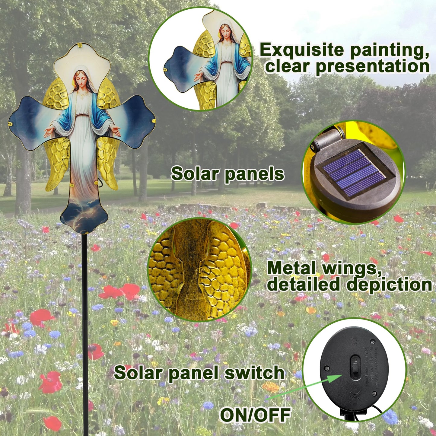 Solar Virgin Mary Cross Garden Lamp for Grave - Angel Wing Memorial Decoration, Waterproof Solar Stake Lamp for Easter, Courtyard, Yard - Sympathetic