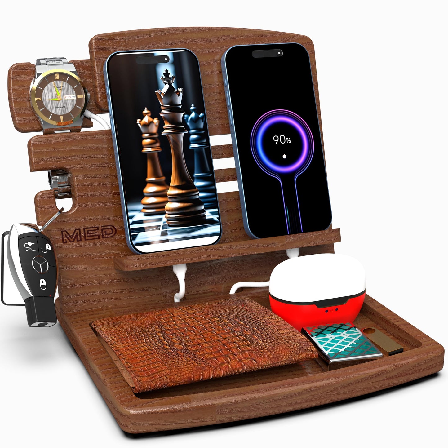 MED Wood Phone Docking Station Nightstand Desk Organizer for Phone, Watch, Wallet & Tablet Gift for Men, Husband, Father's Day, Dad & Women Model 1