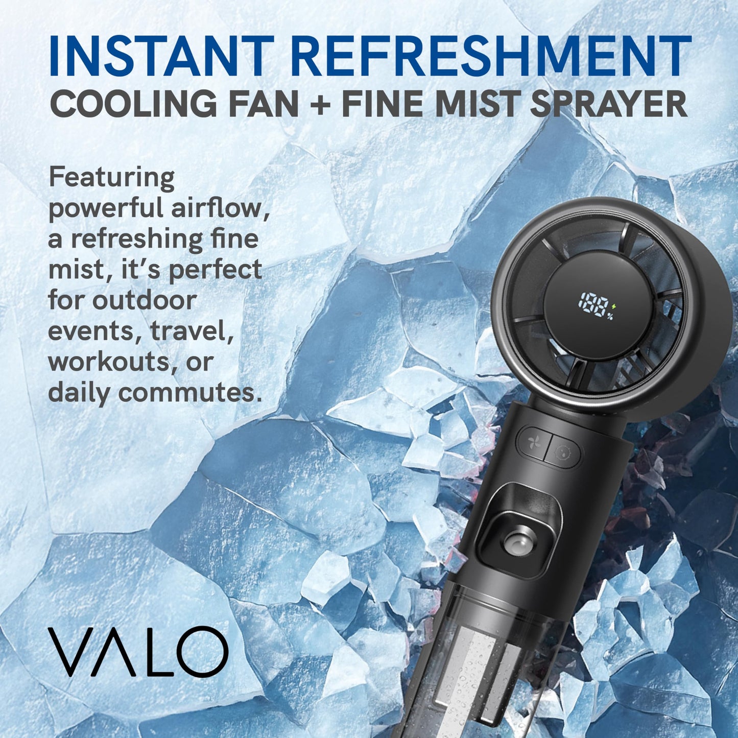 ValoInv Valo Portable Rechargeable Fan - Mini Cooling Fan for Travel, USB Desk Personal Fan with 100 Speeds, Water Cooling Technology, 50ml Tank