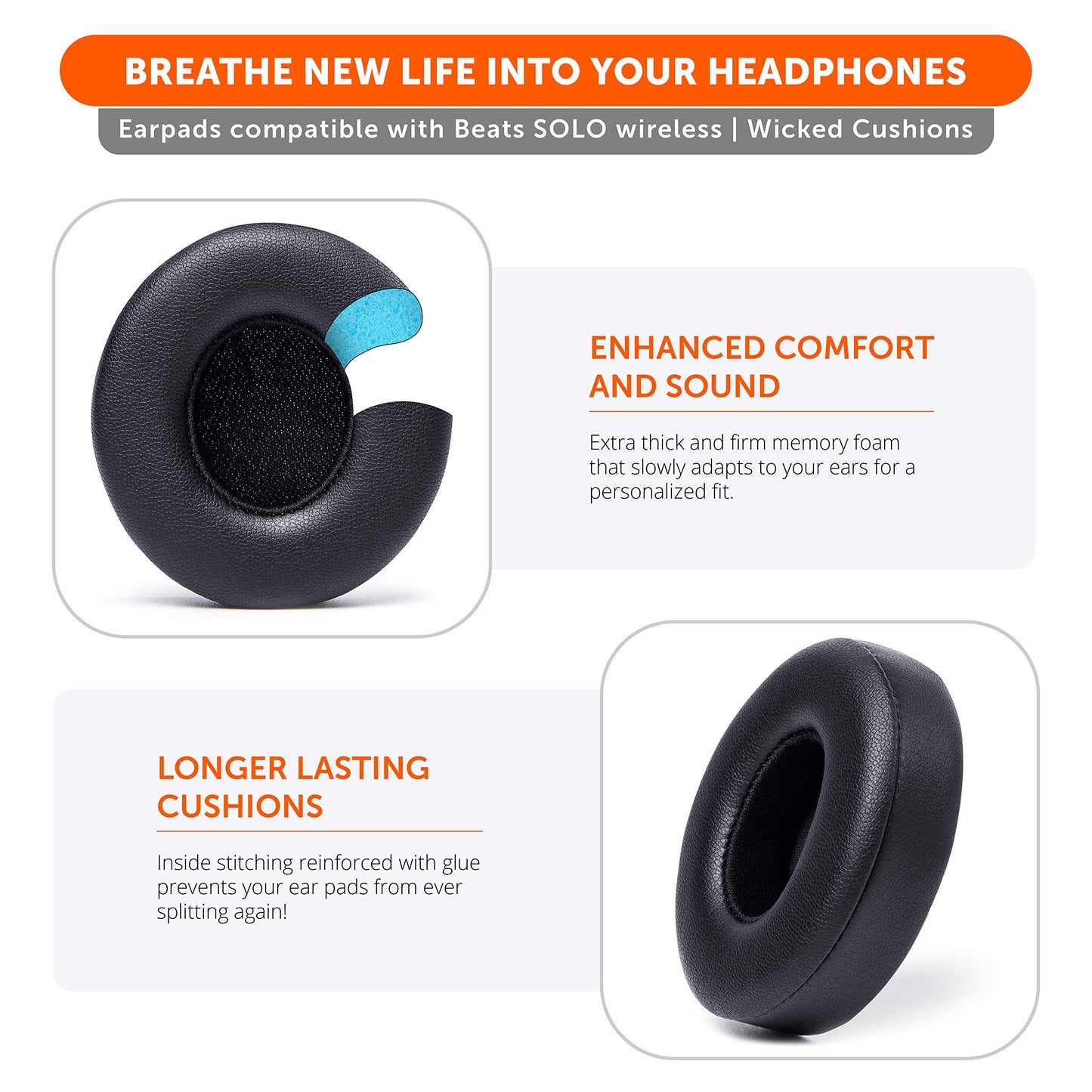 Wicked Cushions Replacement Ear Pads for Beats Solo 3 Wireless On Ear Headphones - Also fits Beats Solo 2 Wireless, Enhanced Noise Cancellation