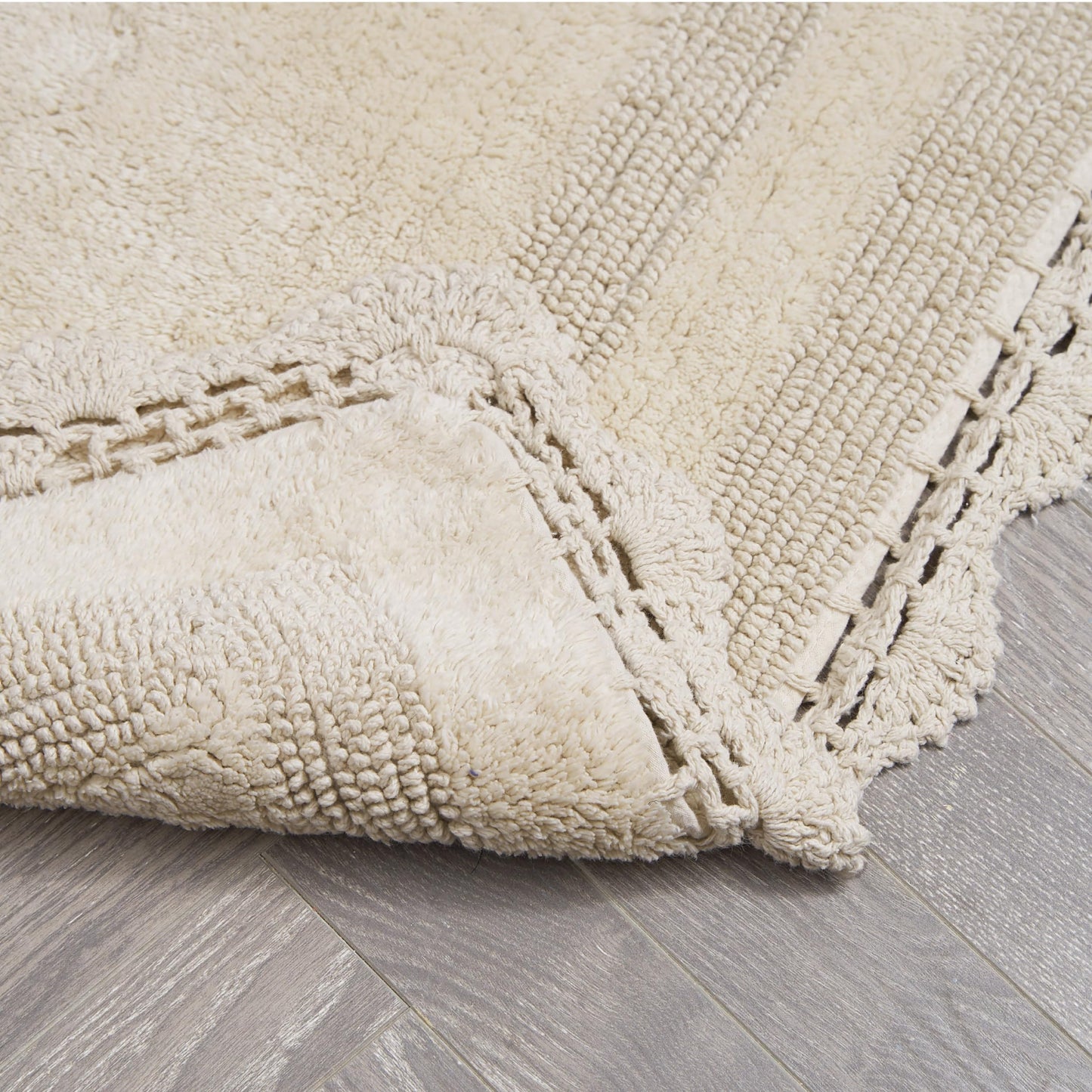 Laura Ashley Absorbent Bath Mat Reversible Crochet Soft and Plush Bathroom Mat 100% Cotton 24x40 Bath Rug, Linen