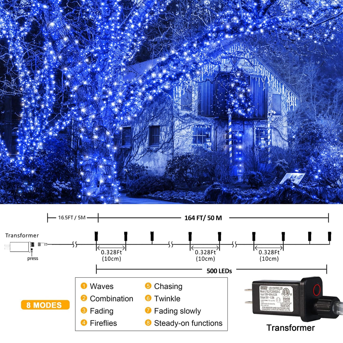 kemooie 500 LED Blue and White Christmas Lights, 164 FT 8 Twinkle Modes Plug in Waterproof Extra Long Fairy Lights for Outdoor Christmas Party Garden