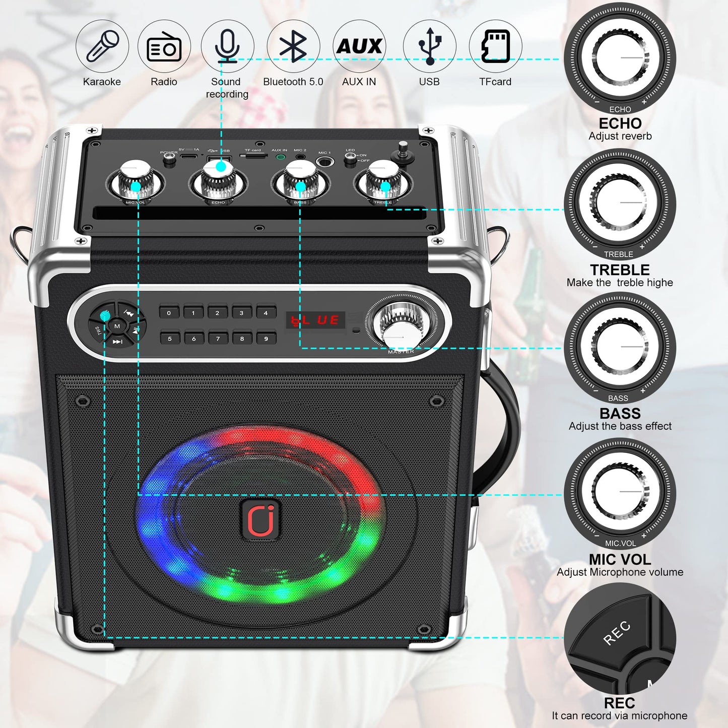 JAUYXIAN Bluetooth Speaker with Two Wireless Microphones, Outdoor Speaker with Subwoofer/Tweeter, Portable PA Speaker System with Remote Control
