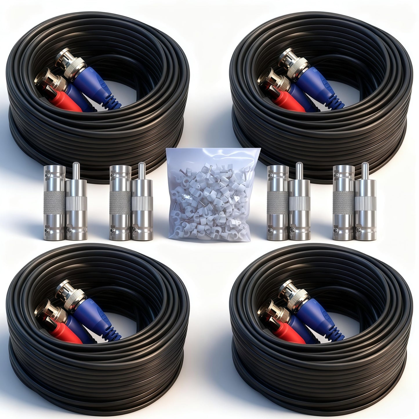 LETONDA 4PCS 100ft/30m Integrated BNC Video Power Cable ext. for Security Cameras, CCTV, Surveillance & DVR installs. Free 8×BNC connectors + 100 Wire