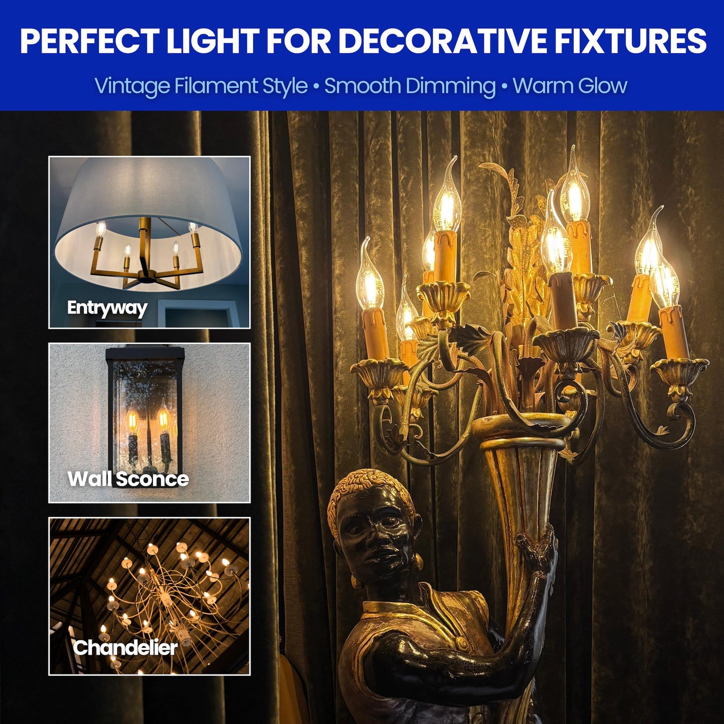 LafoHome EcoBright BA11 CA11 LED Candelabra Bulbs Dimmable Filament Candle Lights 40W Equivalent E12 Base 2700K Warm White Clear Glass High CRI