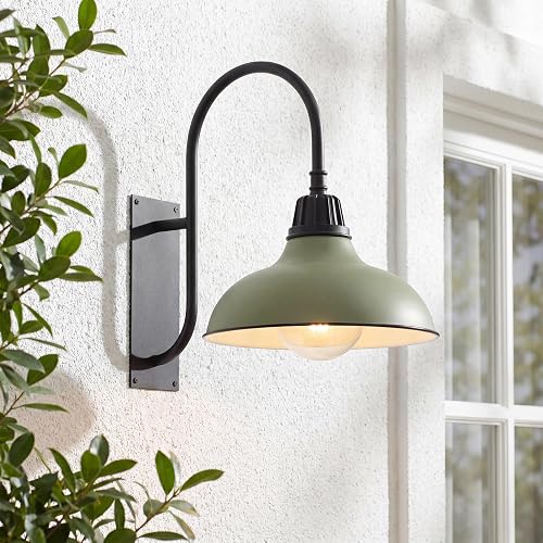 JONATHAN Y 12.25" Matte Olive Green/Black 1-Light Farmhouse Gooseneck Outdoor Wall Sconce Lamp, with Black Metal Bowl Shade, Industrial Iron LED Porch