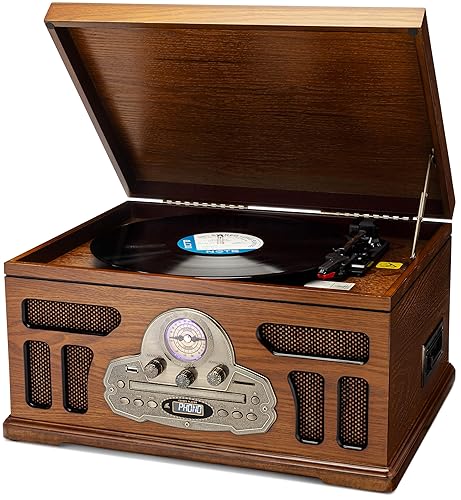 SoundBeast All-in-One Turntable with 3-Speed Record Player, Bluetooth, CD, Cassette Tape, AM/FM Radio, USB, Built-in Speakers, Handmade Wooden