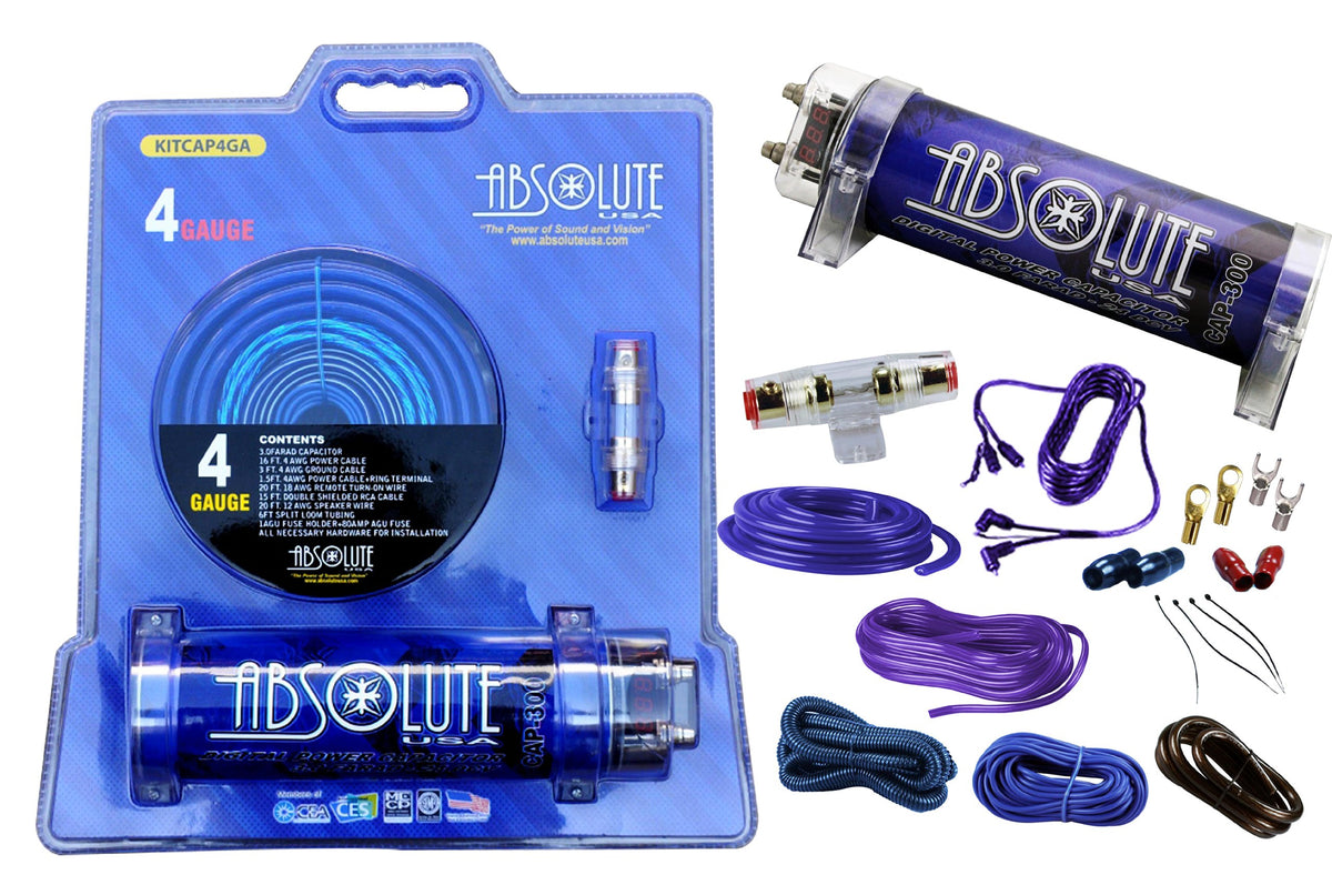 Absolute USA KITCAP4GABL 3.0 Farad Power Capacitor 4 Gauge Car Amplifier Installation Wiring Complete Kit (Blue)