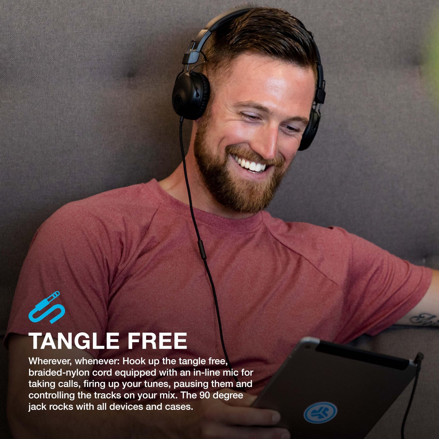 JLab Studio on-Ear Headphones with 40mm Drivers, Tangle-Free Braided Cord, Foldable, Black