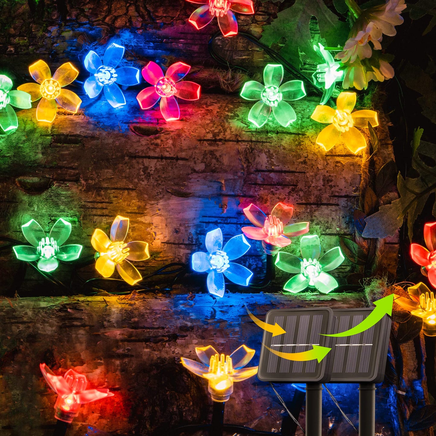 oopswow Solar Flower String Lights, 2PACK 50 LED Cherry Blossom Lights Outdoor Waterproof, Solar Fairy Lights Garden Decorations for Fence, Patio