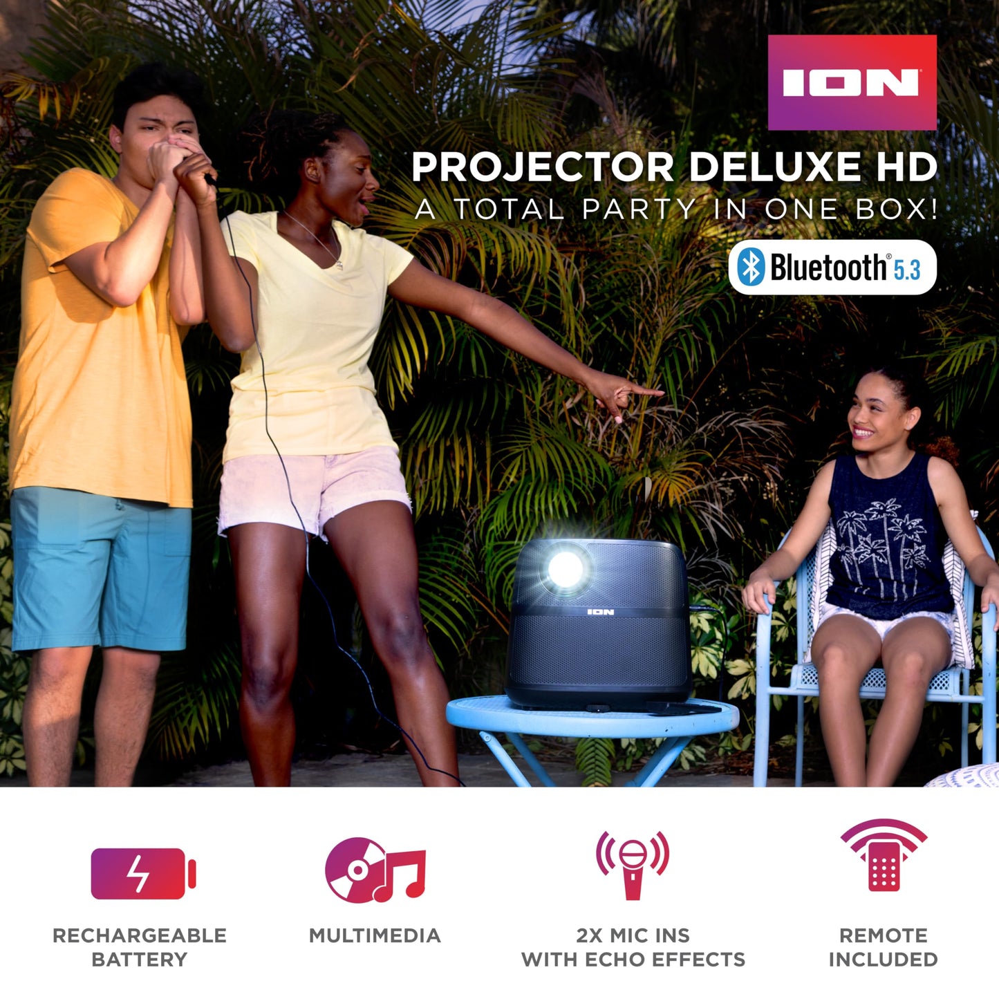 ION Portable Outdoor 720P HD LED Projector with Bluetooth, 70W Speakers, Microphone and Rechargeable Battery for Movie and Karaoke Evenings - USB