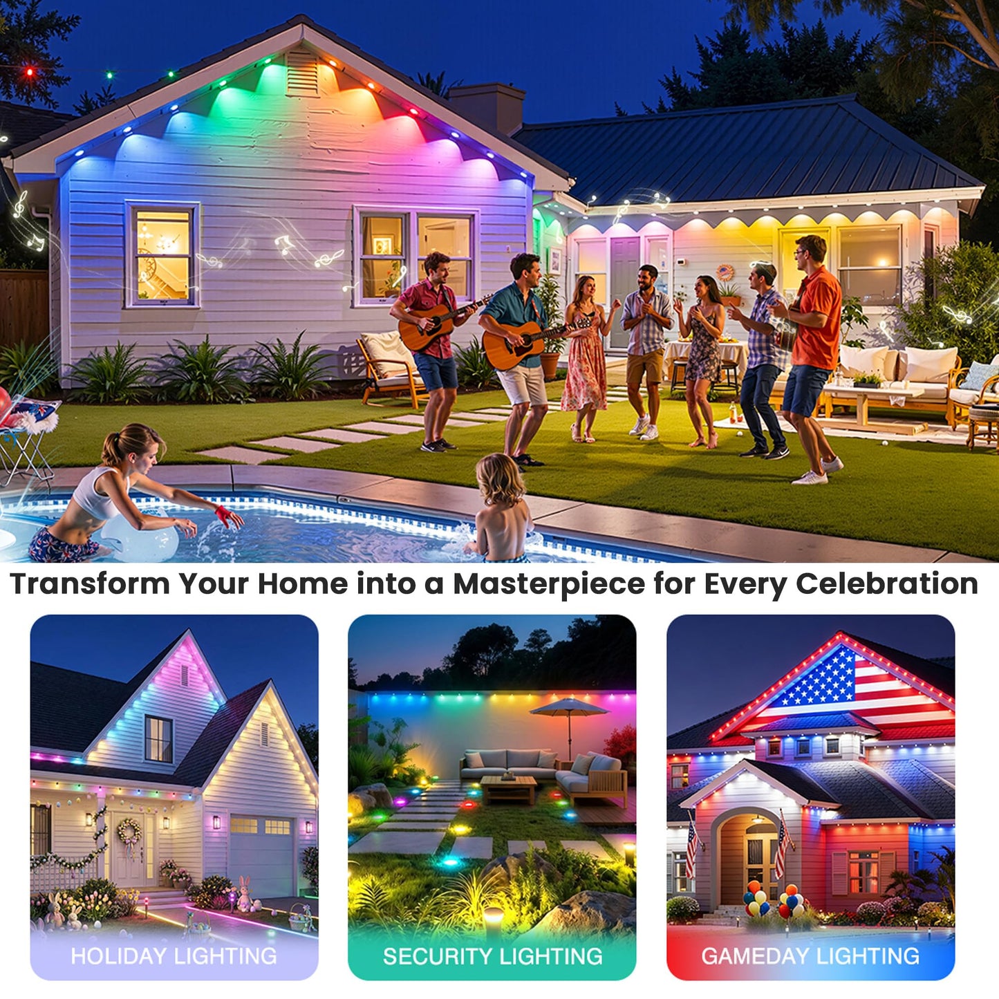 Briteglotec 50ft Permanent Outdoor Lights with 30 Bright LEDs, 120° Wide Beam RGBIC Smart Eave Lights, 16 Million Colors & Music Sync, IP67 Waterproof