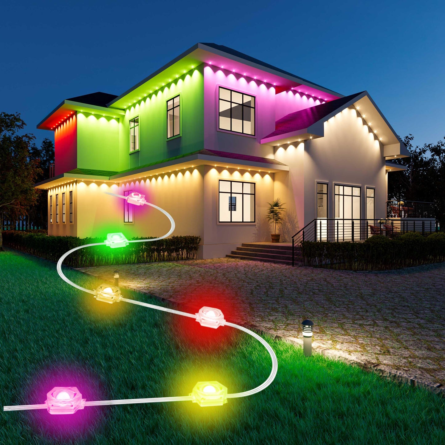 Permanent Outdoor Lights for House, DIY Scene for Halloween, Christmas Decor, 150ft Permanent Christmas Lights Outdoor with 72 RGB+IC Eternity Light