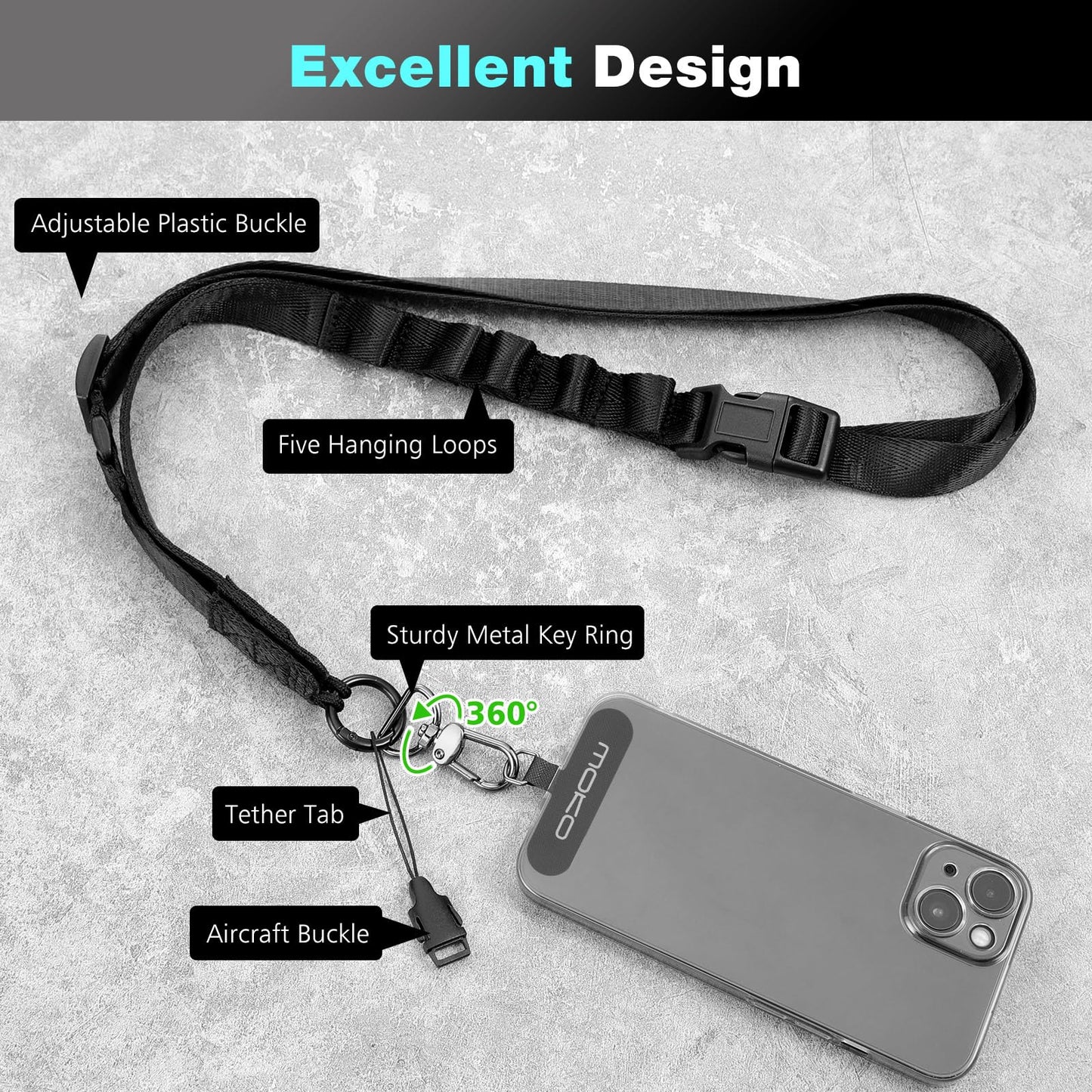 MoKo Universal Phone Lanyard, Nylon Adjustable Cell Phone Crossbody Strap Detachable Women & Men Cellphone Lanyards Around the Neck with Patches
