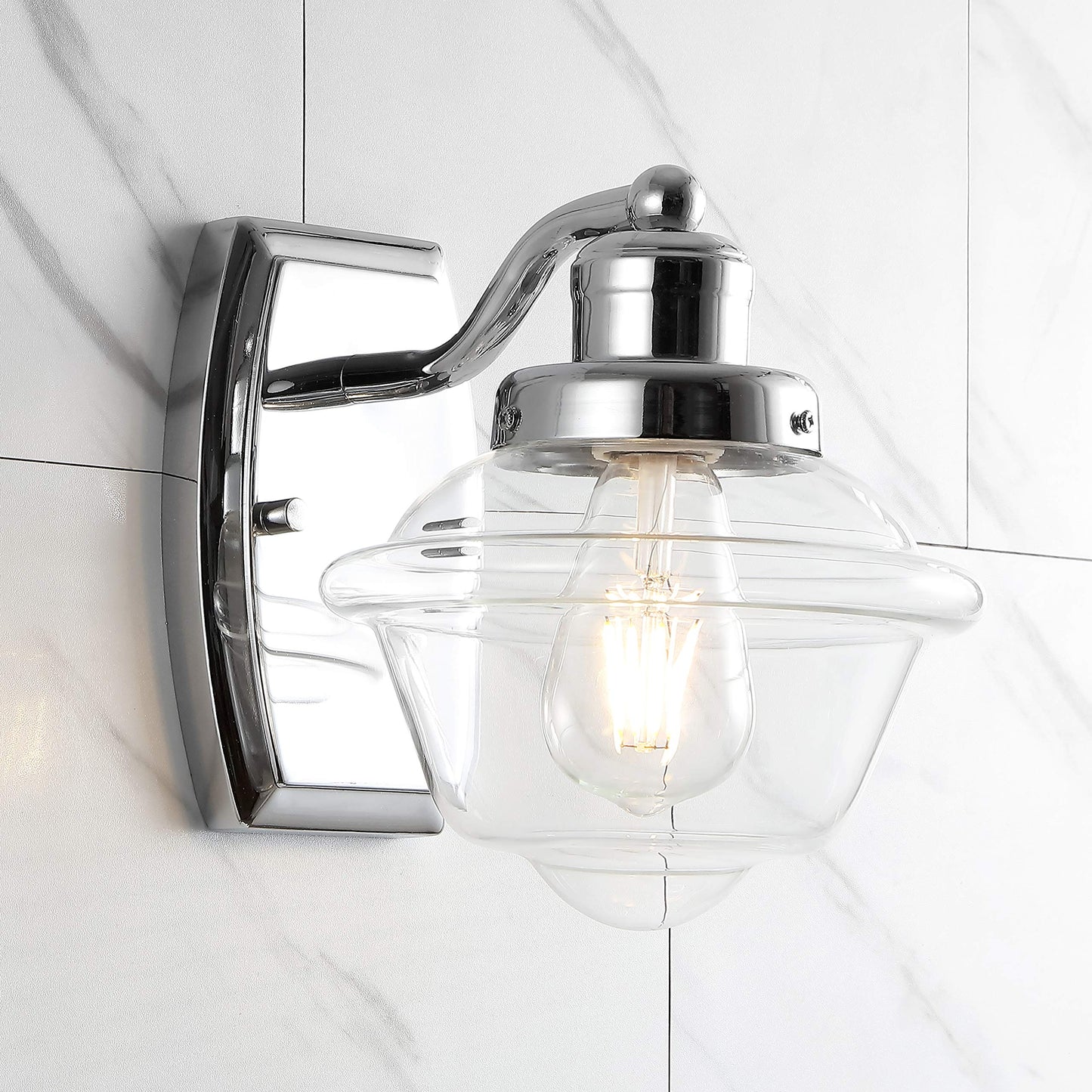 JONATHAN Y 7" Chrome 1-Light Schoolhouse LED Vanity Light, Mid-Century Wall Sconce for Bathroom Kitchen Hallway, Clear Glass Shade, 2700K LED Bulb