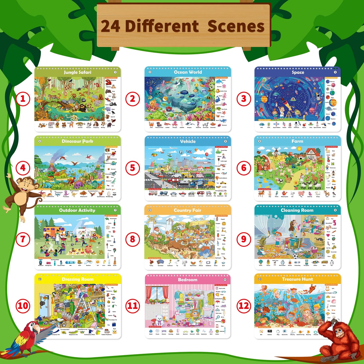 Elfew Search & Find Book for Kids Ages 3–8 – Reusable Activity Mats with 24 Themed Activities, Educational Toddler Learning & Car Toys