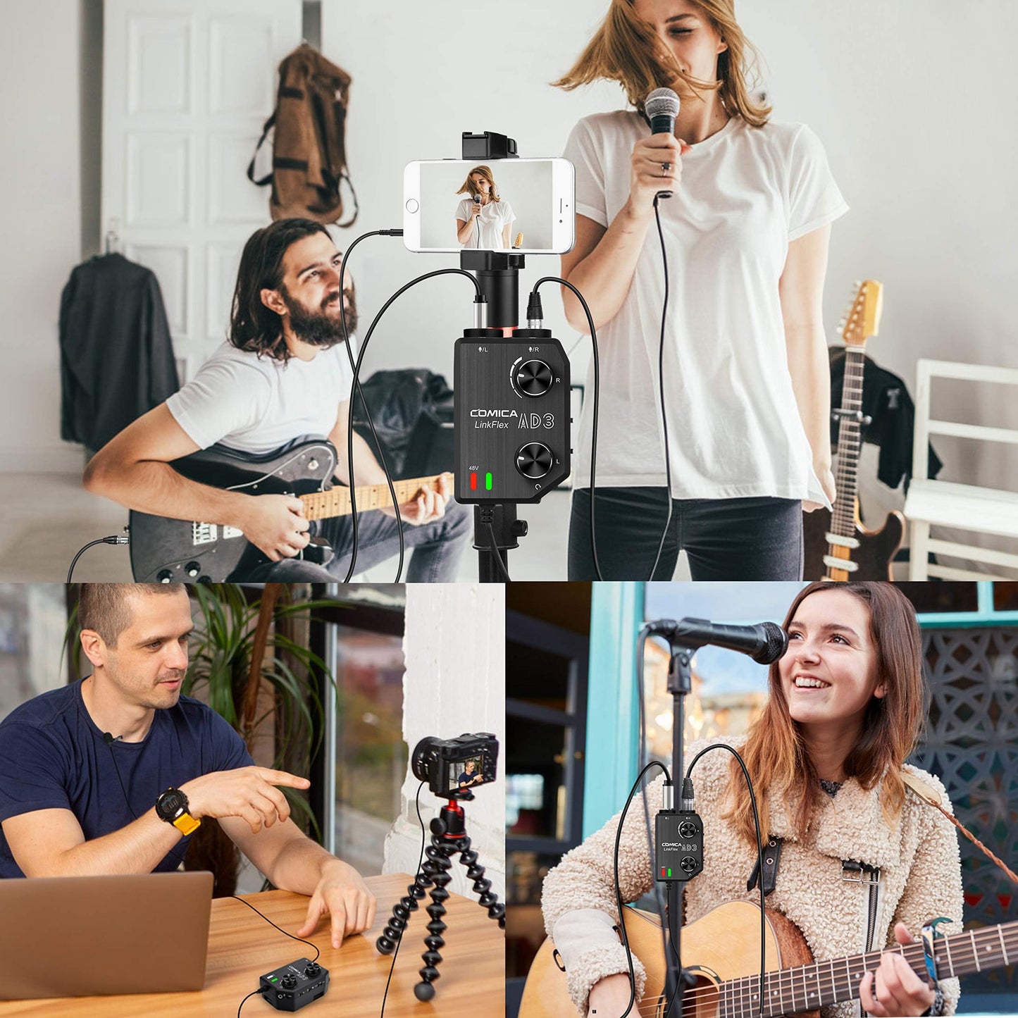 Comica LINKFLEX.AD3 2-Channel XLR/3.5mm/6.35mm Microphone Audio Mixer Preamp with Phantom Power, Real-time Monitoring, Guitar Audio Interface