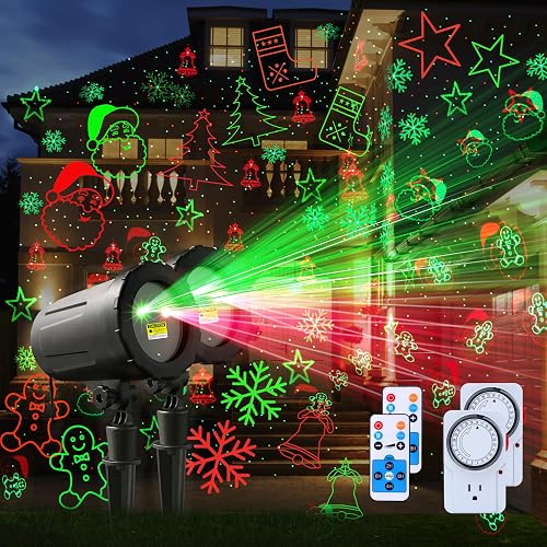 2-Pack Christmas Projector Lights Outdoor Laser Projection with Remote & Bonus Timer - 8 Festive Red & Green Patterns, IP65 Waterproof Xmas Laser