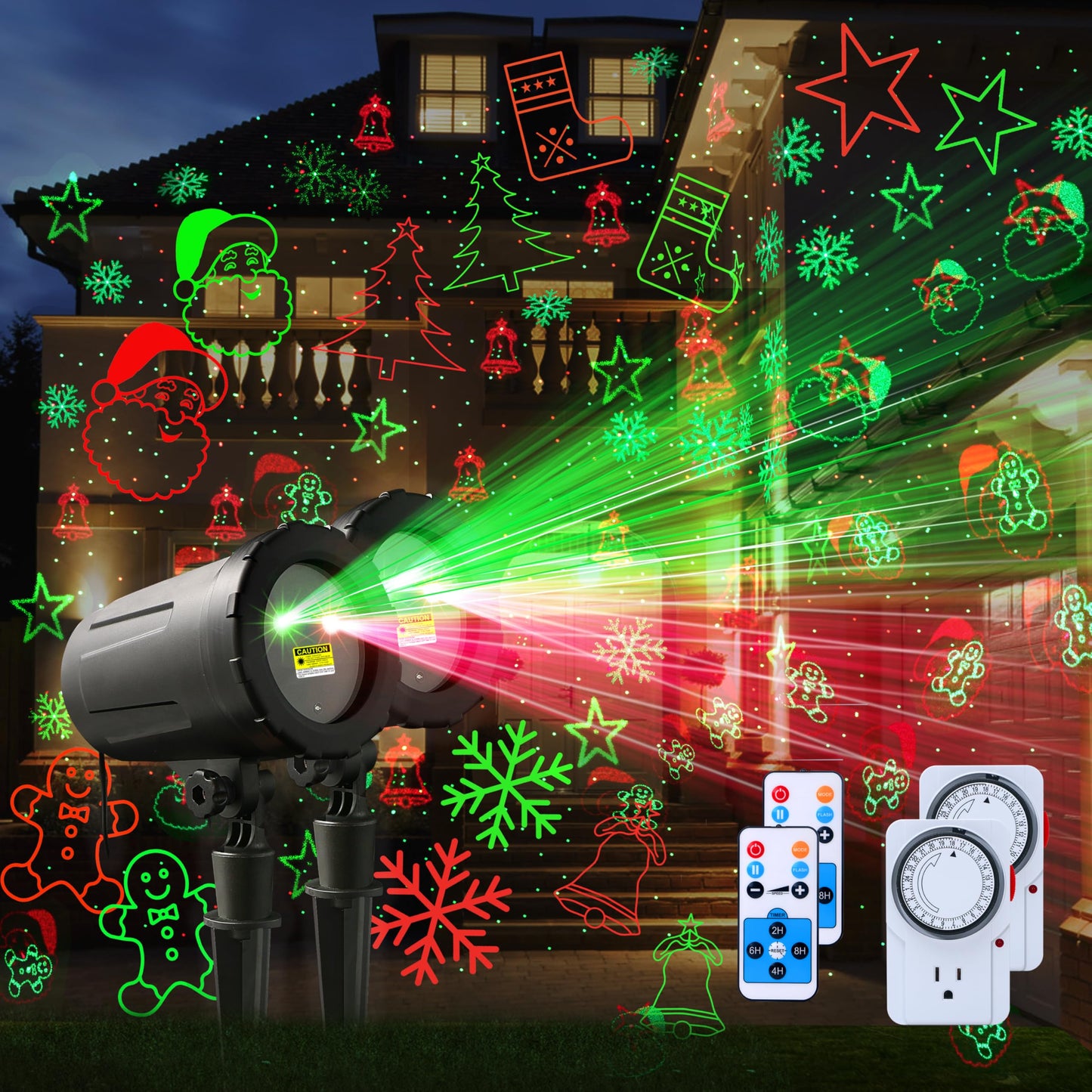 2-Pack Christmas Projector Lights Outdoor Laser Projection with Remote & Bonus Timer - 8 Festive Red & Green Patterns, IP65 Waterproof Xmas Laser