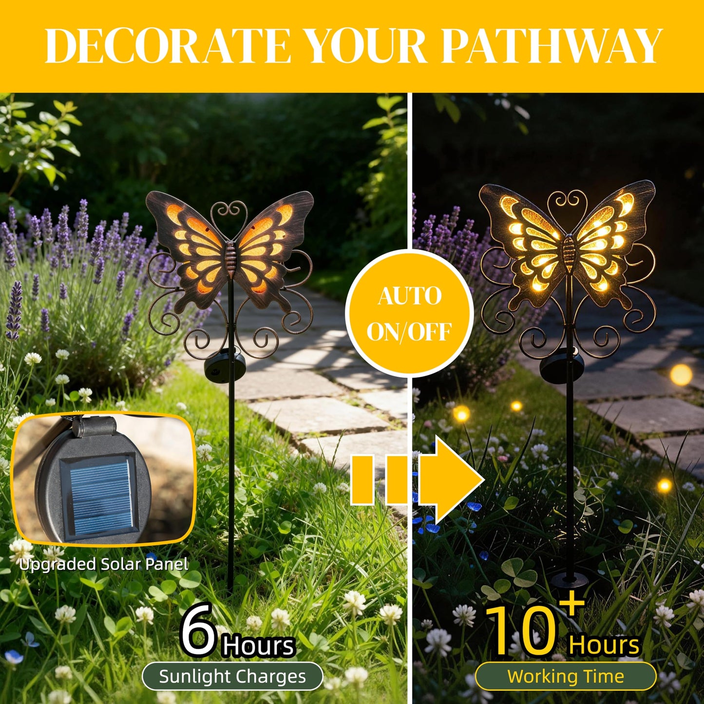 Lune cle Butterfly Solar Lights for Outside, 36 inches Waterproof Metal Solar Pathway Lights, Large Solar Butterfly Lights Outdoor Garden Decor, Warm
