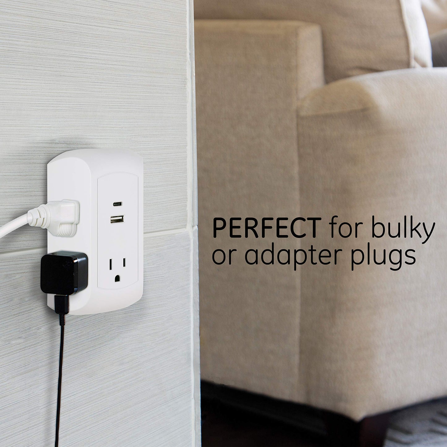 GE UltraPro 5-Outlet Extender with USB and USB-C Port, Surge Protector, Spaced Wall Tap, Side-Access, Charging Station, for iPhone/iPad/Samsung