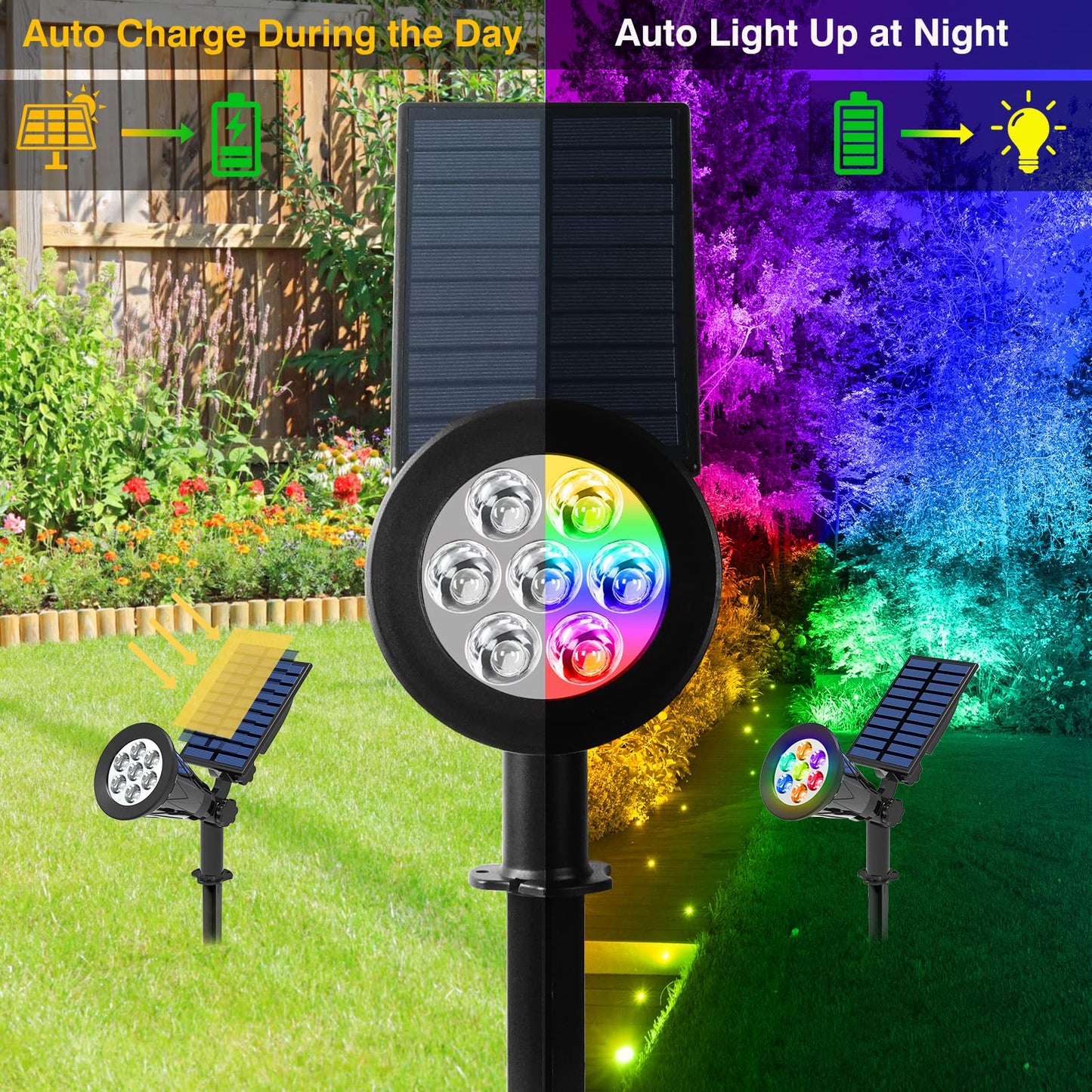 T-SUN Solar Spotlights, Color Changing 7 LED Waterproof Solar Garden Lights, Auto ON/OFF Adjustable Landscape Spot Lights, 2-IN-1 Solar Wall lights