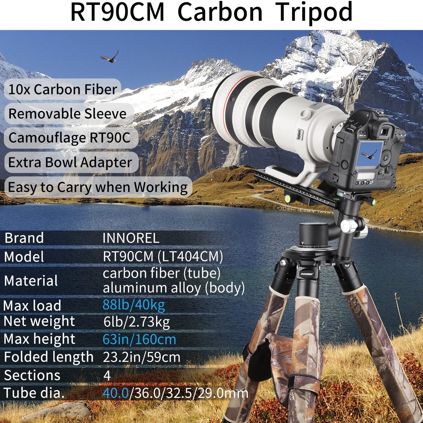 INNOREL RT90CM Carbon Fiber Bowl Tripod - Heavy Duty With 75mm Bowl, 40mm Leg Tube, Ultra Stable Professional Camera Tripod, Max Load 88lb/40kg