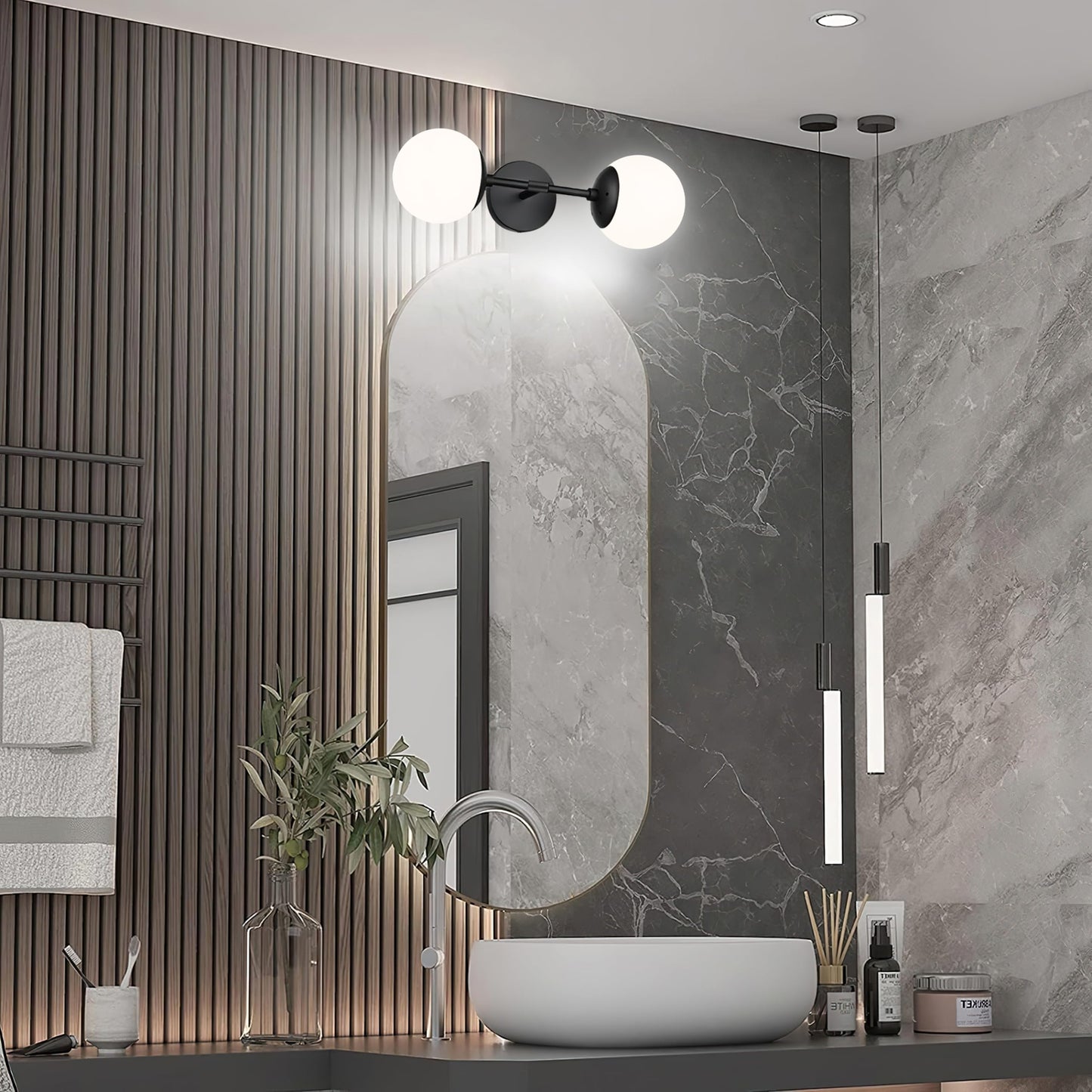 KoKo&Yukina Mid Century Modern Bathroom Matte Black Bathroom Vanity Light Fixtures Globe Sconce 2 Light Vanity Light Milky White Vanity Light Mid