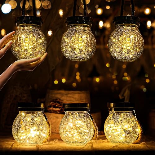 Cooo Gifts for her him 2 Pack Solar Lanterns Outdoor Waterproof Heavy Crackle Glass 30 LED Warm Firefly Lights Stainless Steel Lid 215% Solar