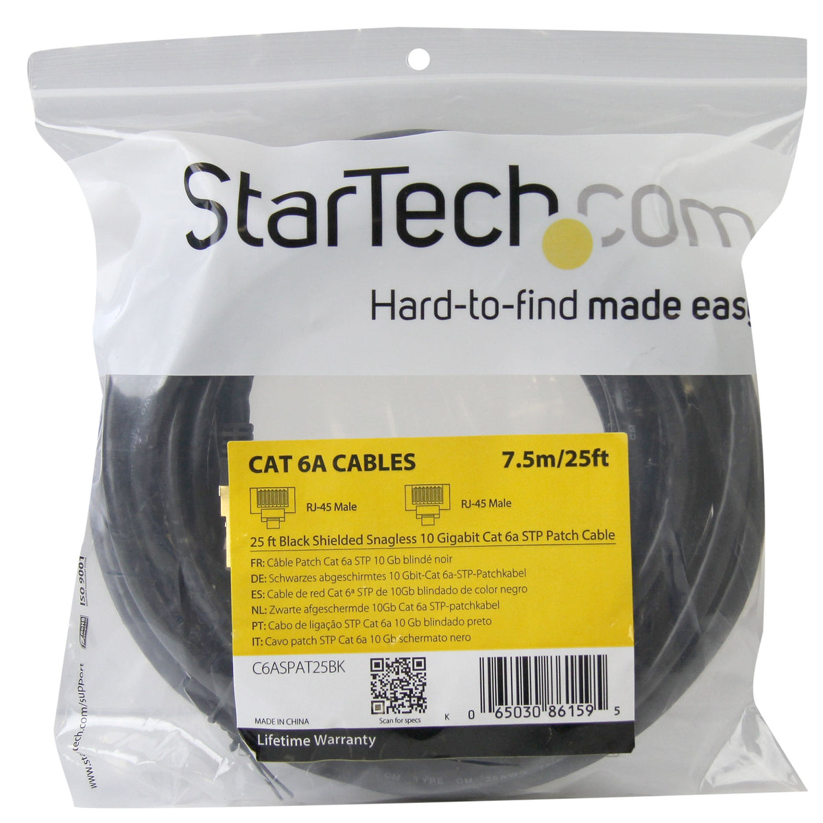StarTech 25ft Cat6a Snagless Ethernet Cable, Black (C6ASPAT25BK)