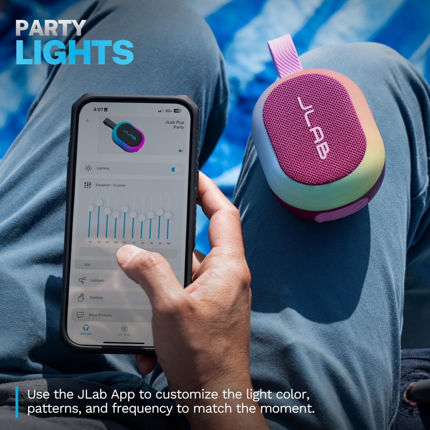 JLab Pop Party Portable Bluetooth Speaker, Mulberry, 8+ Hours of Playtime, IP55 Waterproofing, Detachable Loop Handle, Customizable RGB LED Lighting