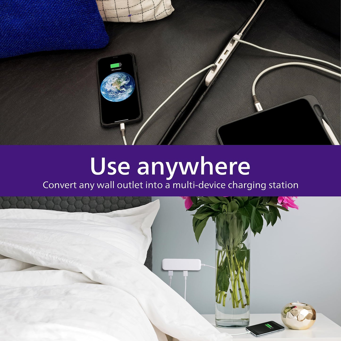 Philips 24W USB Extension Cord Power Strip Charging Station, for IPhone 11/Pro/Max/XS/XR/X/8, iPad Pro, Samsung Galaxy S10/S9/Plus, Google Pixel