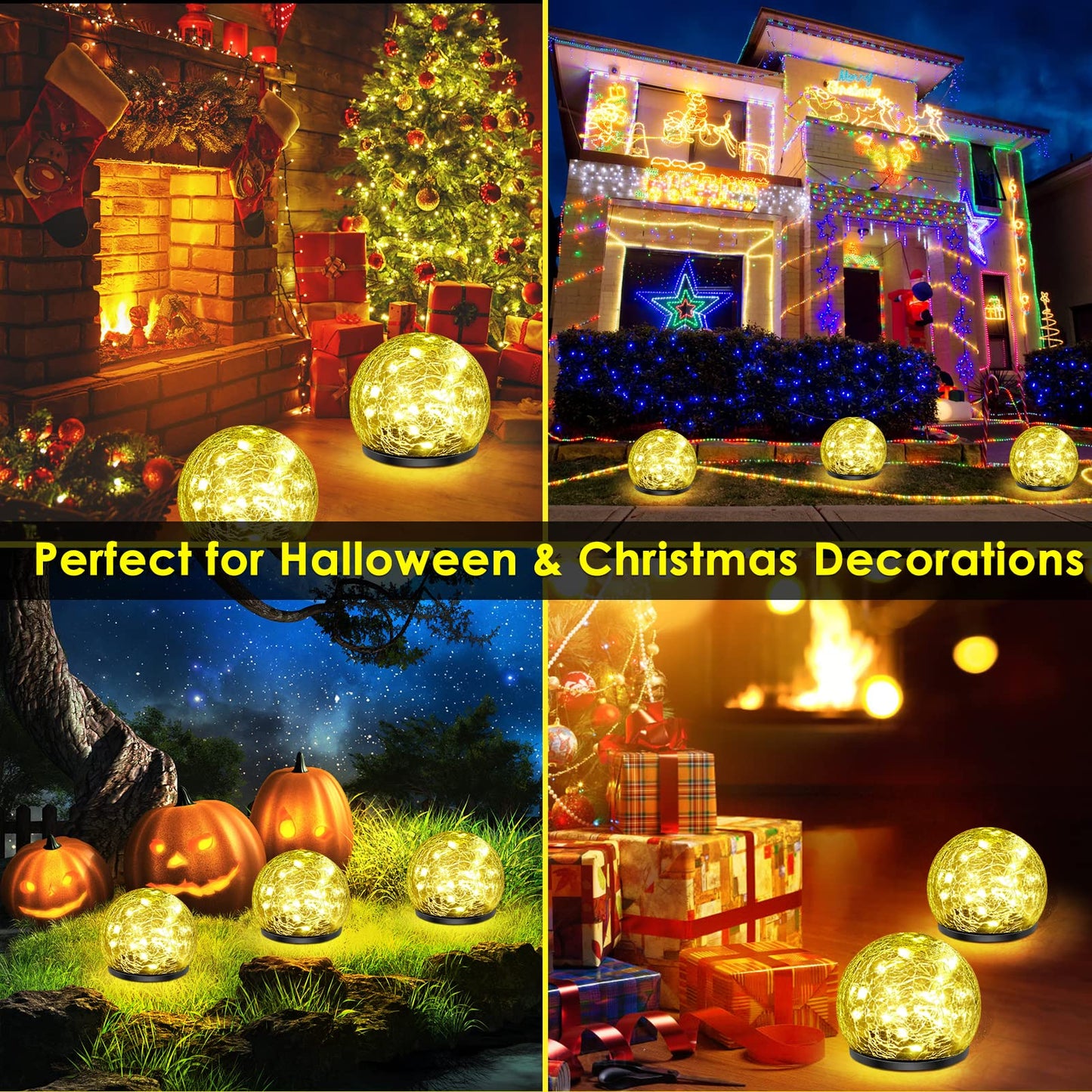 Keevvon 2 Pack 60 LED Solar Garden Lights Outdoor Decoration, Cracked Glass Solar Globe Lights, Upgraded Waterproof Warm White Ball Lights for Yard