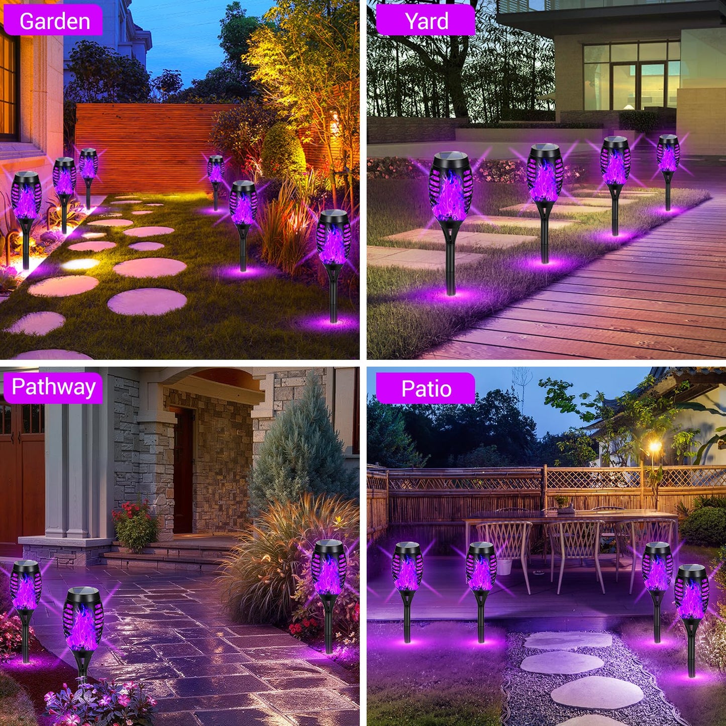 AOUNQ Solar Lights Outdoor, Upgraded 10 Pack Purple Solar Torch Lights Outdoor Flickering Flame for Garden Decor, Waterproof Outdoor Lights Solar