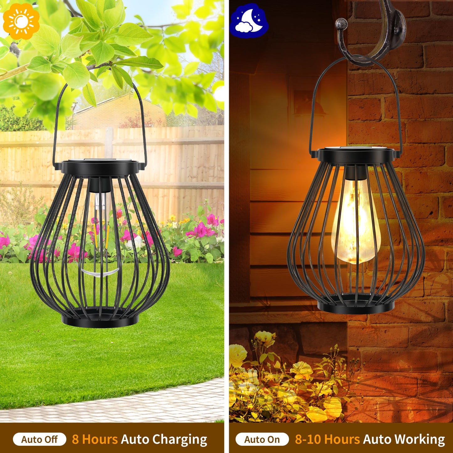 HPC Decor Outdoor Solar Lantern, 2PK Hanging Solar Powered Metal Light with Handle, Waterproof Wireless Warm Retro Bulb Design Lamp for Yard Garden