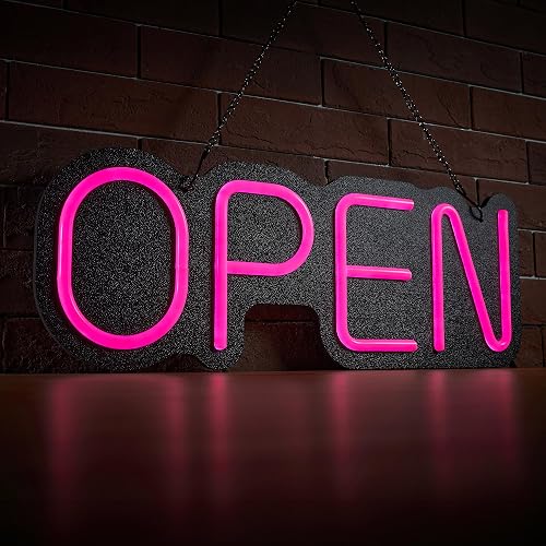 24 inch Neon Open Signs for Business, Open Sign with Textured Backboard LED Anti-Scratch Easy Dedust Neon Light for Business(Pink)