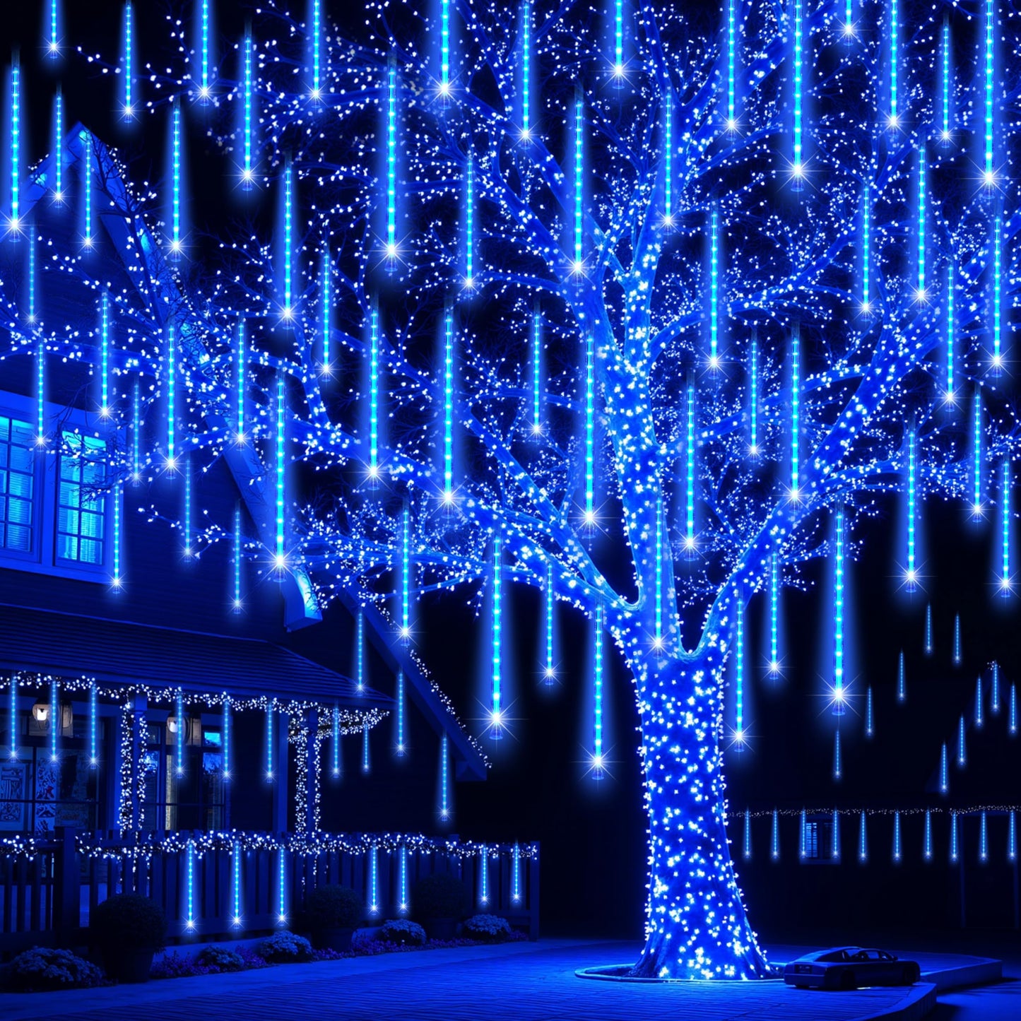 JOYIN Christmas Lights Outdoor,8 Tubes Meteor Shower Lights Blue,192 LEDs, Snowfall Icicle Cascading Rain Light for Christmas Tree Decorations