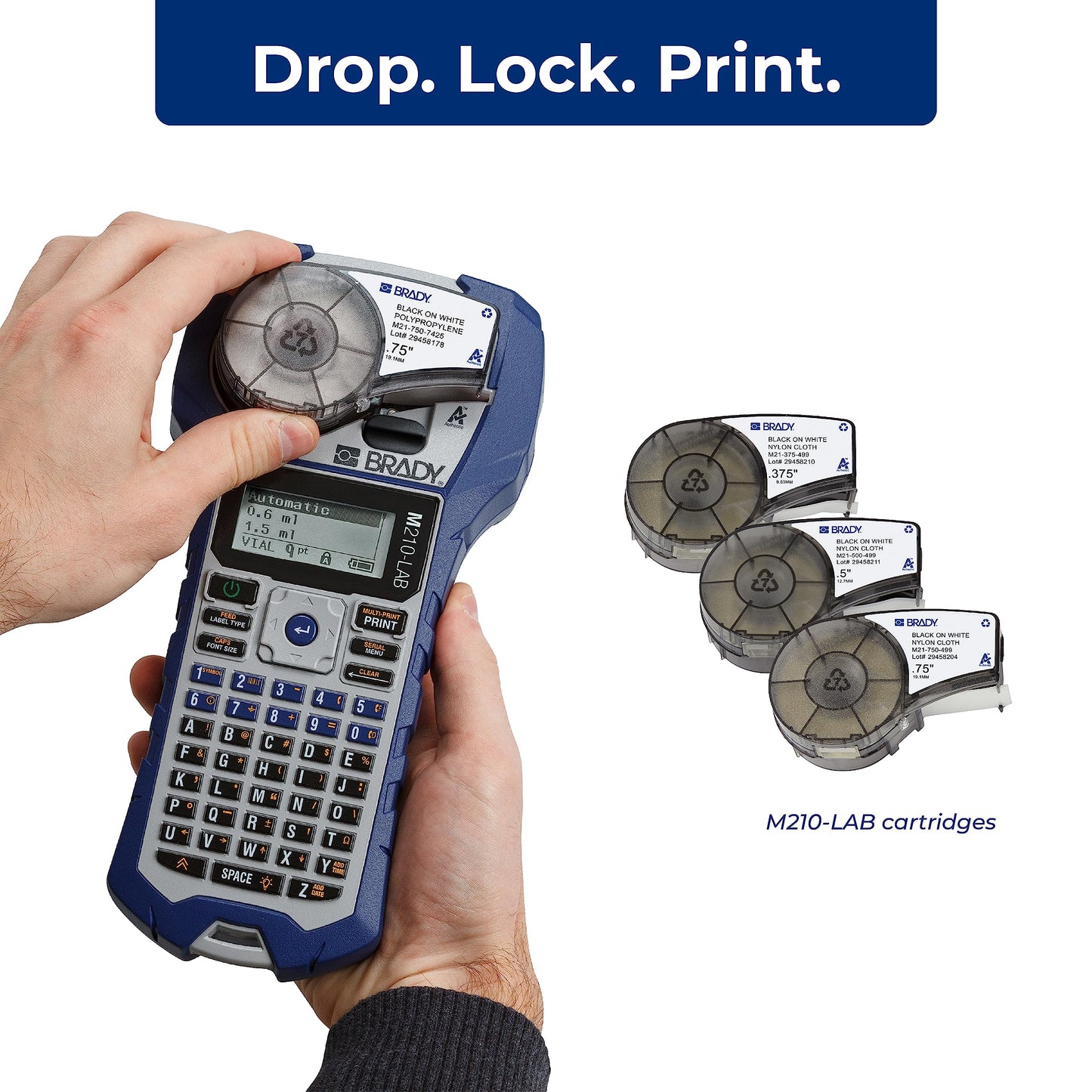 Brady M210-LAB Portable Label Printer, Blue/Gray, 9.5 in H x 4.5 in W x 2.5 in D